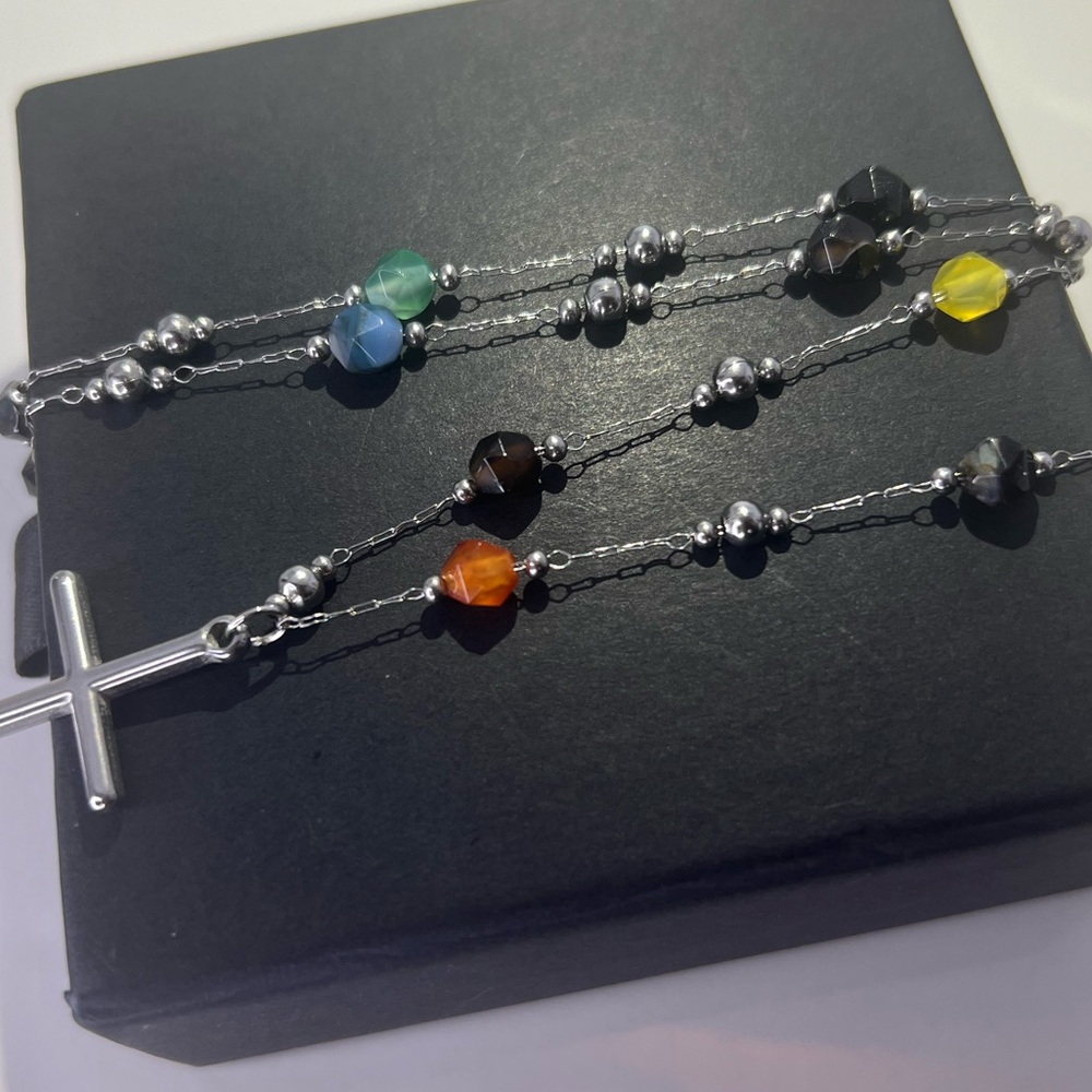 Colorful Natural Stone Bead Chain w Enamel Bead Dove Chain Platinum - Picture 2 of 3